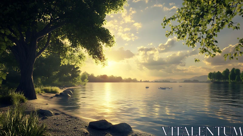 Sunlit lakeside shoreline under glowing evening sky.