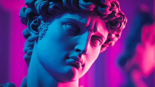 Classical marble head rendered with dual neon color lighting
