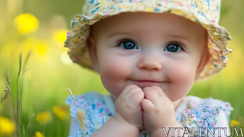 Smiling baby in floral hat enjoys sunny garden day outdoors