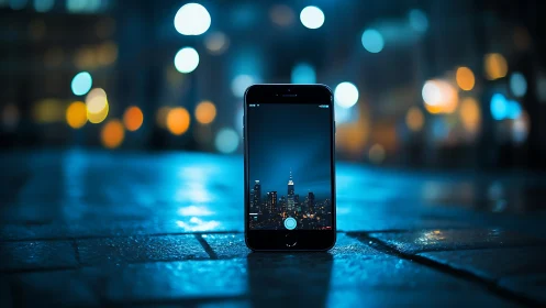Smartphone on wet pavement capturing neon city skyline at night