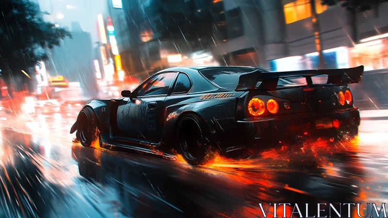 Modified sports car moves through wet neon city street at night
