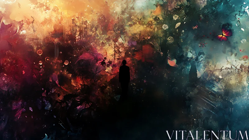 Silhouette stands before dense abstract color and light field