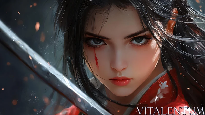 Fierce sword maiden in crimson poised between calm and storm.