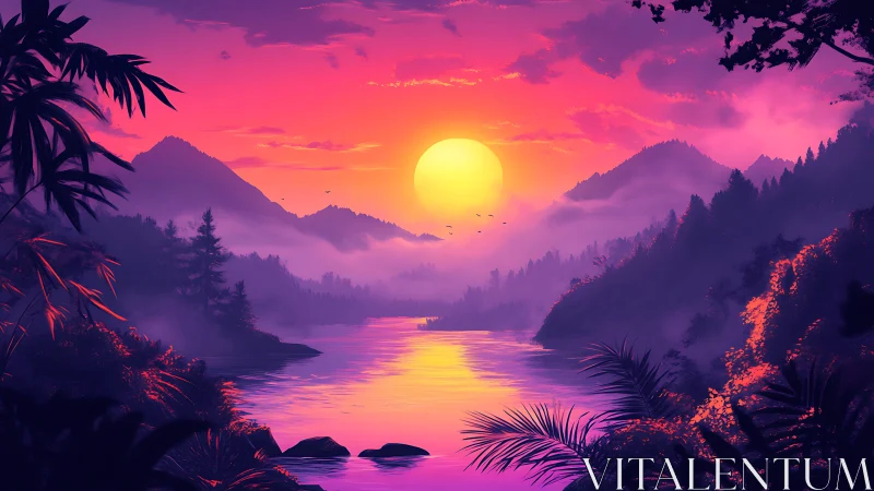 Sunset over misted river valley with silhouetted hills.