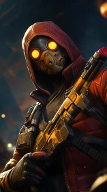 Neon-eyed gunslinger waits in molten gold and crimson armor