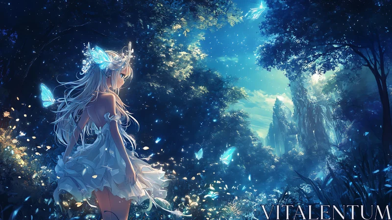 Luminescent fairy maiden in nocturnal blue forest tableau.