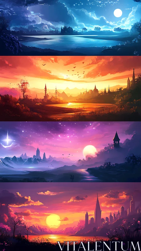 Layered fantasy skylines in sequential day-night color study.