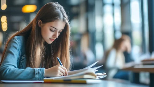 Focused young woman studying in modern cafe, natural lighting.