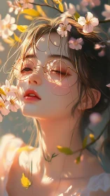 Spring muse portrait bathed in golden blossom light.