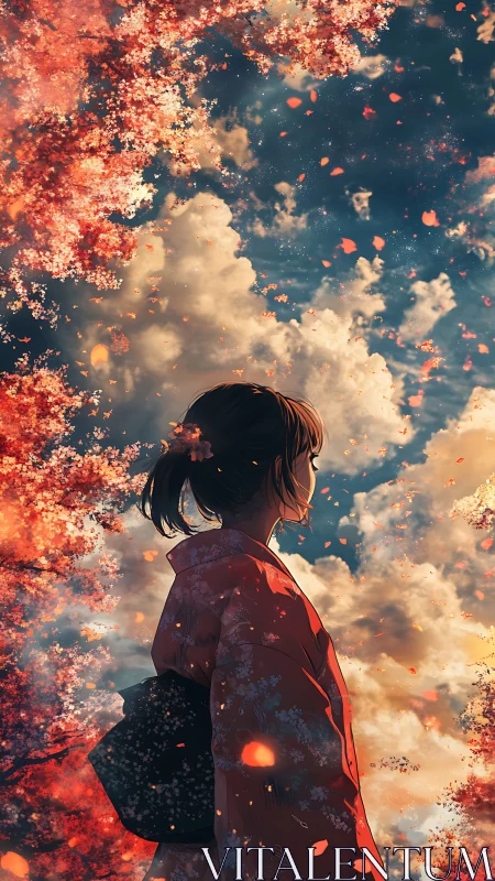 Profile view of woman in kimono under dense autumn foliage.