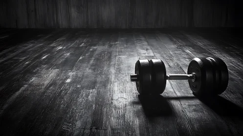Heavy dumbbell rests on dark textured wooden gym floor.