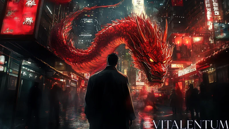 Neon-lit cyberpunk alley dominated by luminous red dragon sentinel