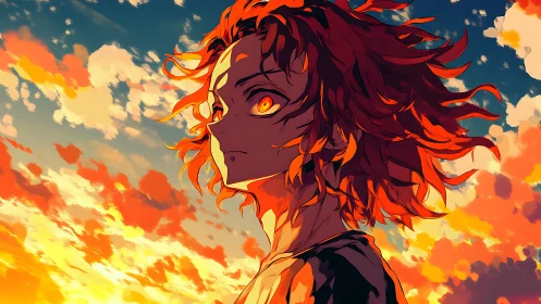 Fiery eyed dreamer standing in a blazing sunset sky.