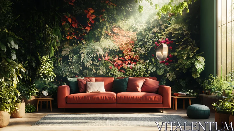 Sunlit jungle lounge where cozy sofa meets lush greenery.