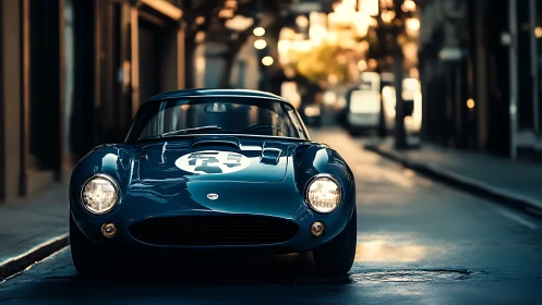 Midnight blue vintage racer poised on sunlit city street.