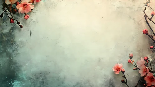 Coral flowers and buds arranged on weathered textured surface.