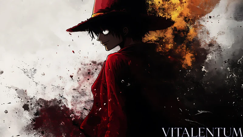 Shadow-splashed straw-hatted rogue in erupting ember storm.