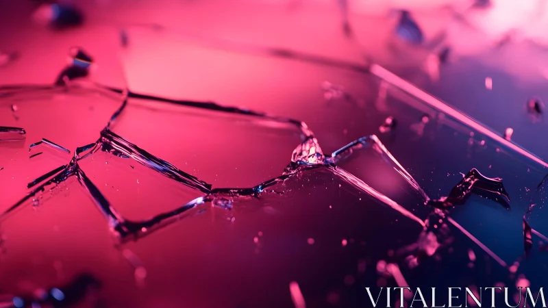 Close-up of shattered glass with neon pink and blue lighting effects.