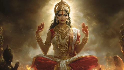 Divine female deity in symmetric frontal pose with radiant halo rim