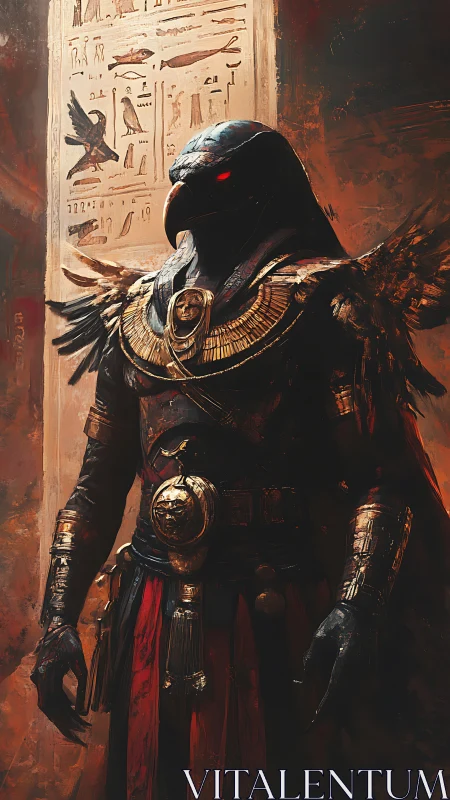 Anthropomorphic hawk warrior in ornate Egyptian armor.