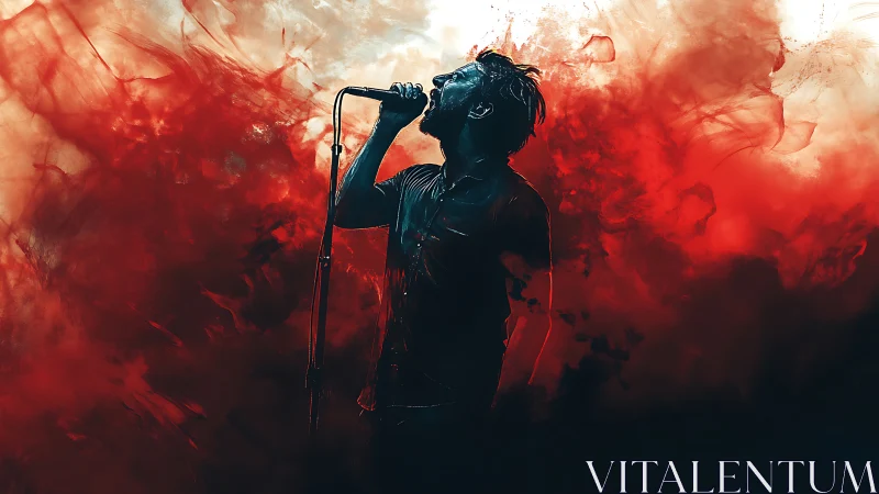Silhouetted vocalist holds microphone amid red smoke field