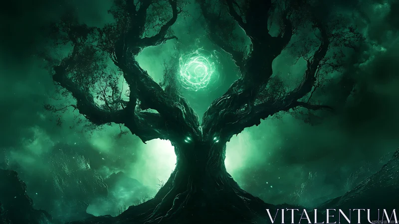 Eldritch tree under emerald vortex sky in dark landscape.