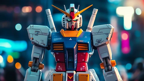 Cyberpunk mecha portrait with neon urban bokeh backdrop.