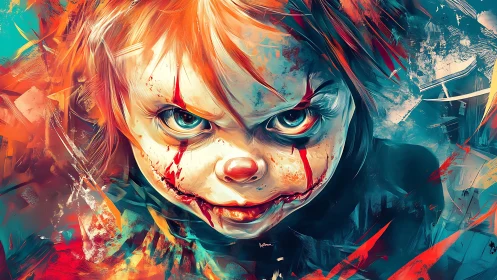 Paint-slashed demon doll grins through fractured neon chaos