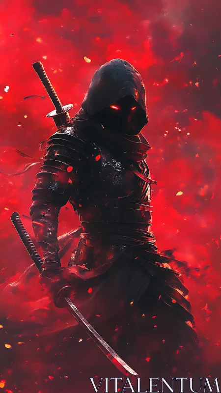 Ember-Eyed Shadow Samurai Walking Through Crimson Storm.