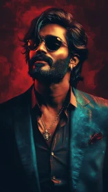 Charismatic bearded man stands in cinematic red teal glow