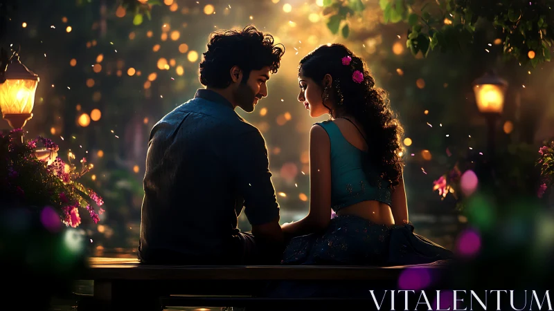 Romantic Couple on Bench Beneath Golden Bokeh Lights.