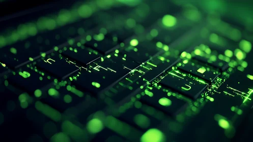 Glowing green data particles stream across cyber keyboard.