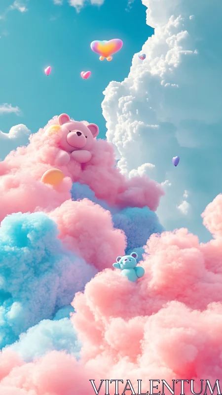 Pastel teddy bears drift through cotton-candy cloudscape in sky