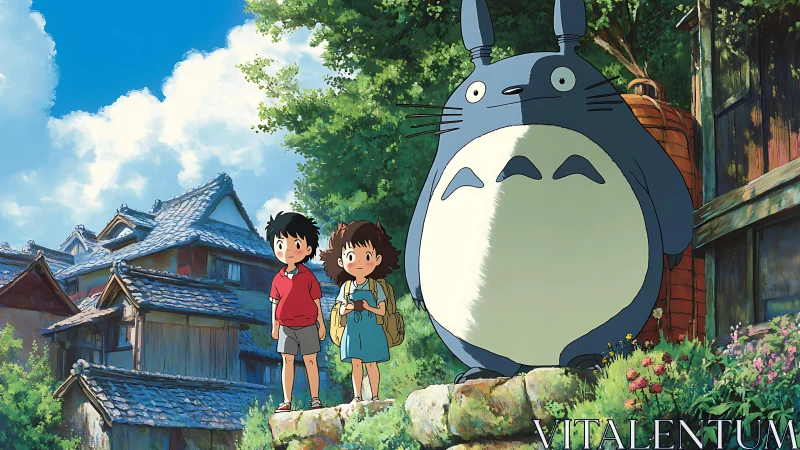 Anime children with large forest creature on stone path.