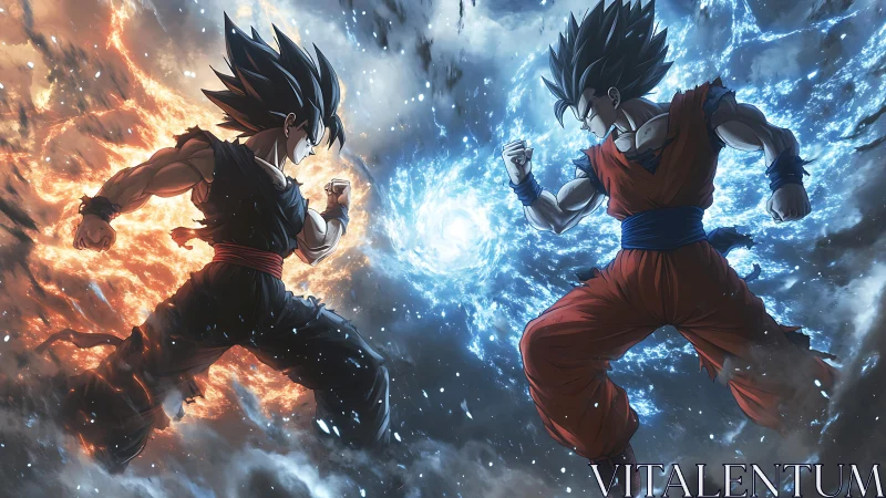 Dueling fire and ice warriors clash in stormlit anime cosmos.