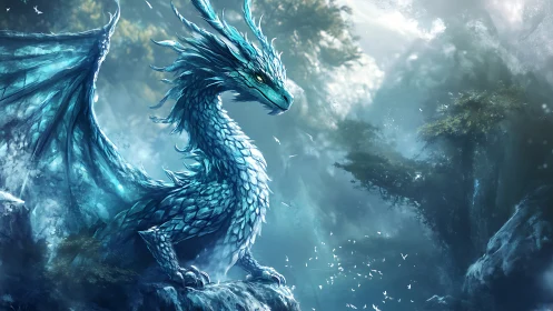 Majestic icy dragon rests calmly above a misty blue valley