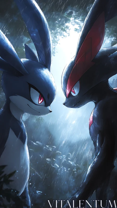 Cinematic anime duel in rain with luminous rim lighting.