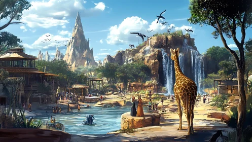 Panoramic wildlife sanctuary with waterfalls, giraffe and flying reptiles