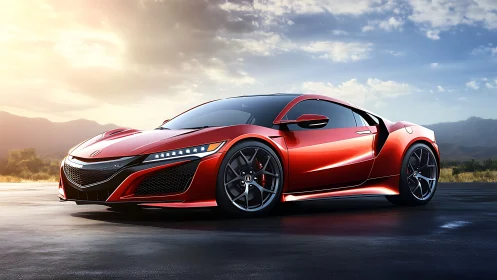 Sunlit scarlet supercar poised on an open mountain road.