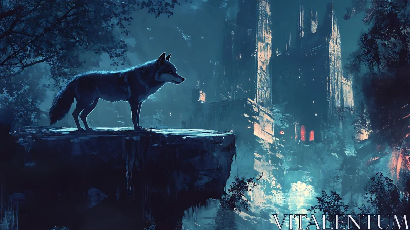 Lone wolf overlooks mistlit ruins under cold blue moon.