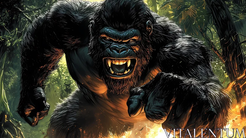 Roaring jungle titan charging through firelit shadows.