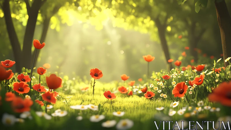 Sunlit Forest Meadow with Vibrant Red Poppies.