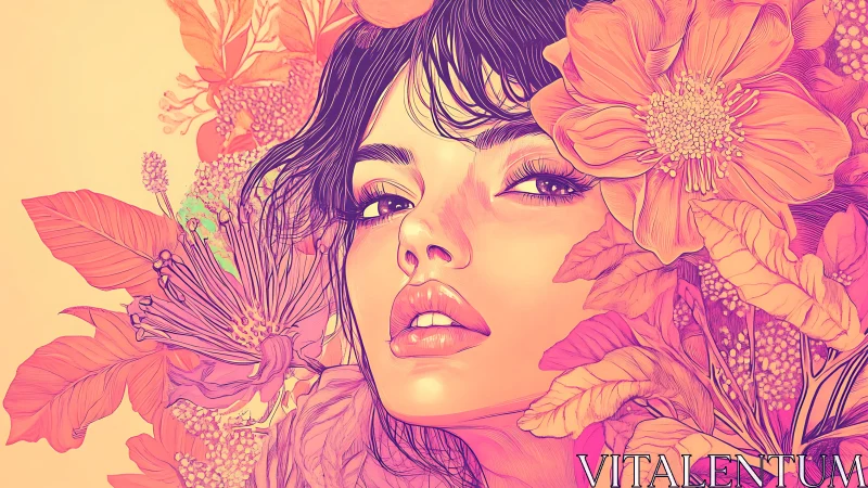 Radiant floral portrait of a dreamy woman in sunset hues.