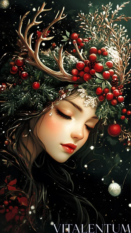 Female portrait with antler wreath and winter foliage.