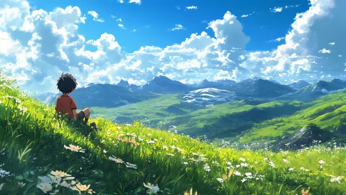 Solitary child gazes over sunlit alpine valley in quiet awe