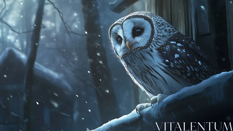 Barred owl perched in snowy forest, realistic digital art style.