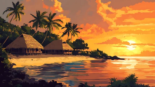 Tropical beach huts glow under vivid orange sunset sky