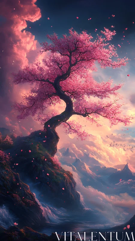 Twisting sakura tree above luminous cloud valley at dusk.