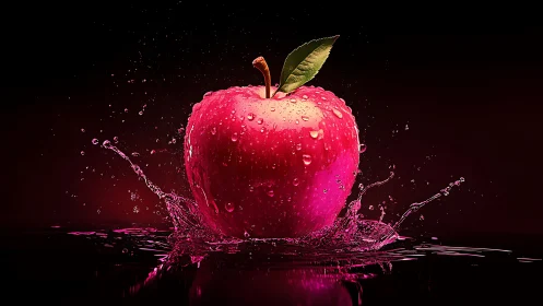 Luminous red apple splashing through reflective dark water.