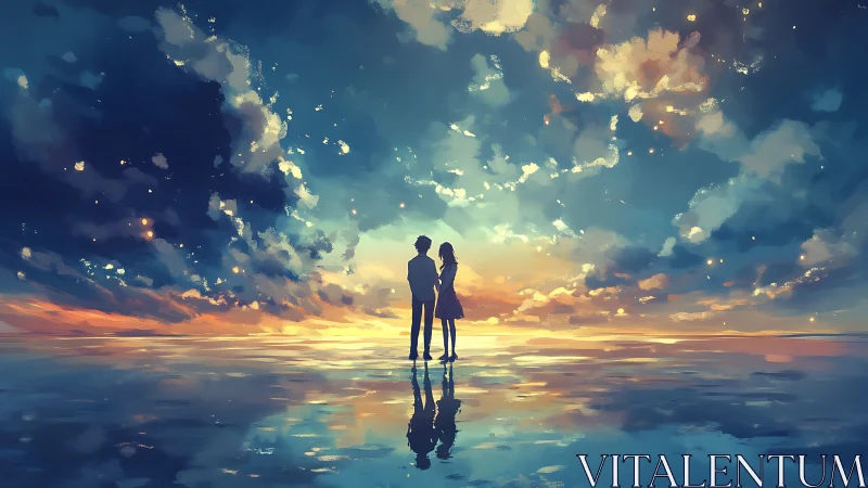 Silhouetted couple stand on mirrored shore under vast sunset sky